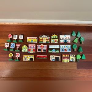 Melissa and Doug wooden buildings, road signs and trees